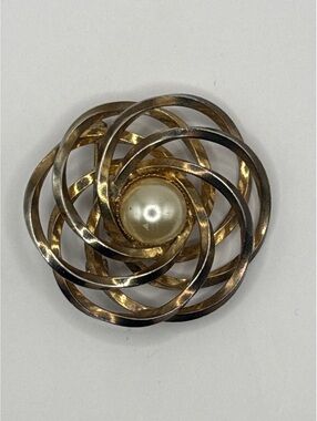 Vintage Mid-Century Intertwined Orbit Faux Pearl Brooch Gold Tone Silver Tone